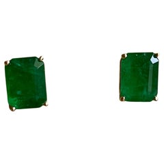 6.5 Carat Emerald Cut Natural Emerald  Stud Post Earrings 14 Karat Yellow Gold