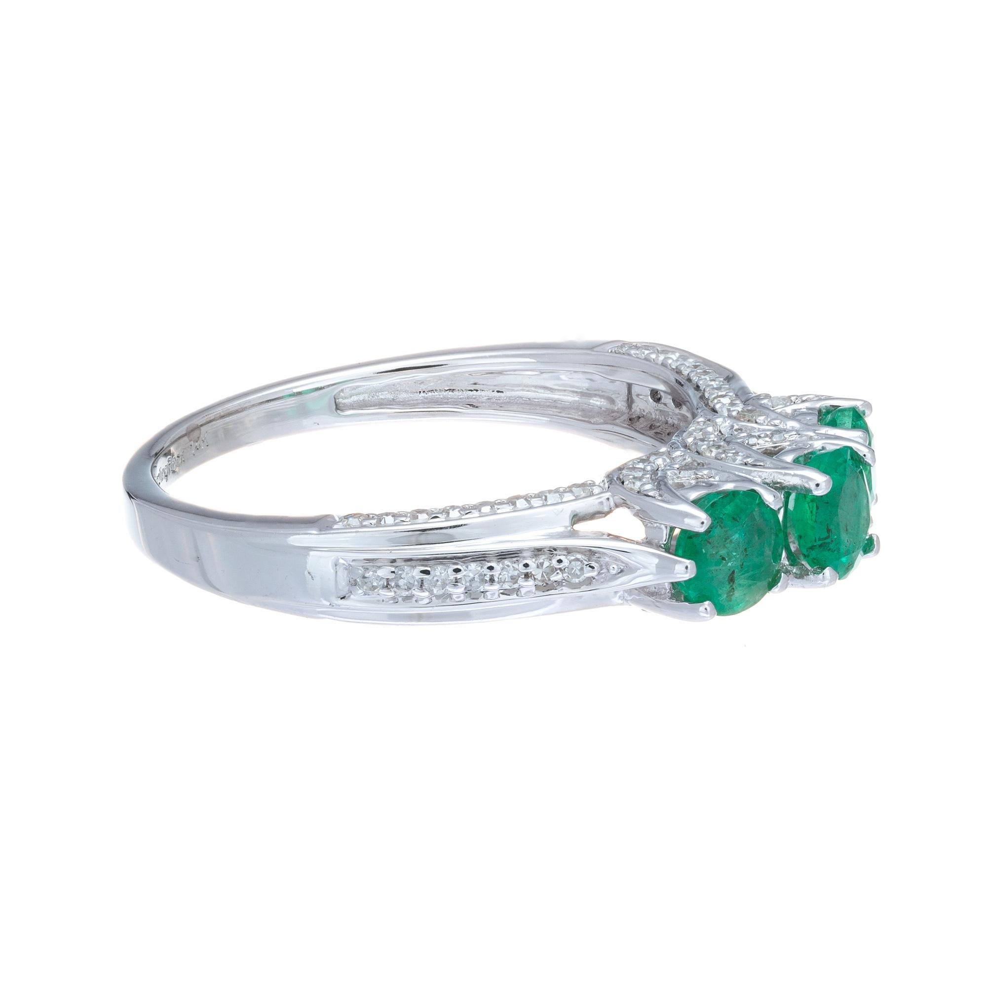 Round Cut .65 Carat Emerald Diamond White Gold Three-Stone Ring For Sale