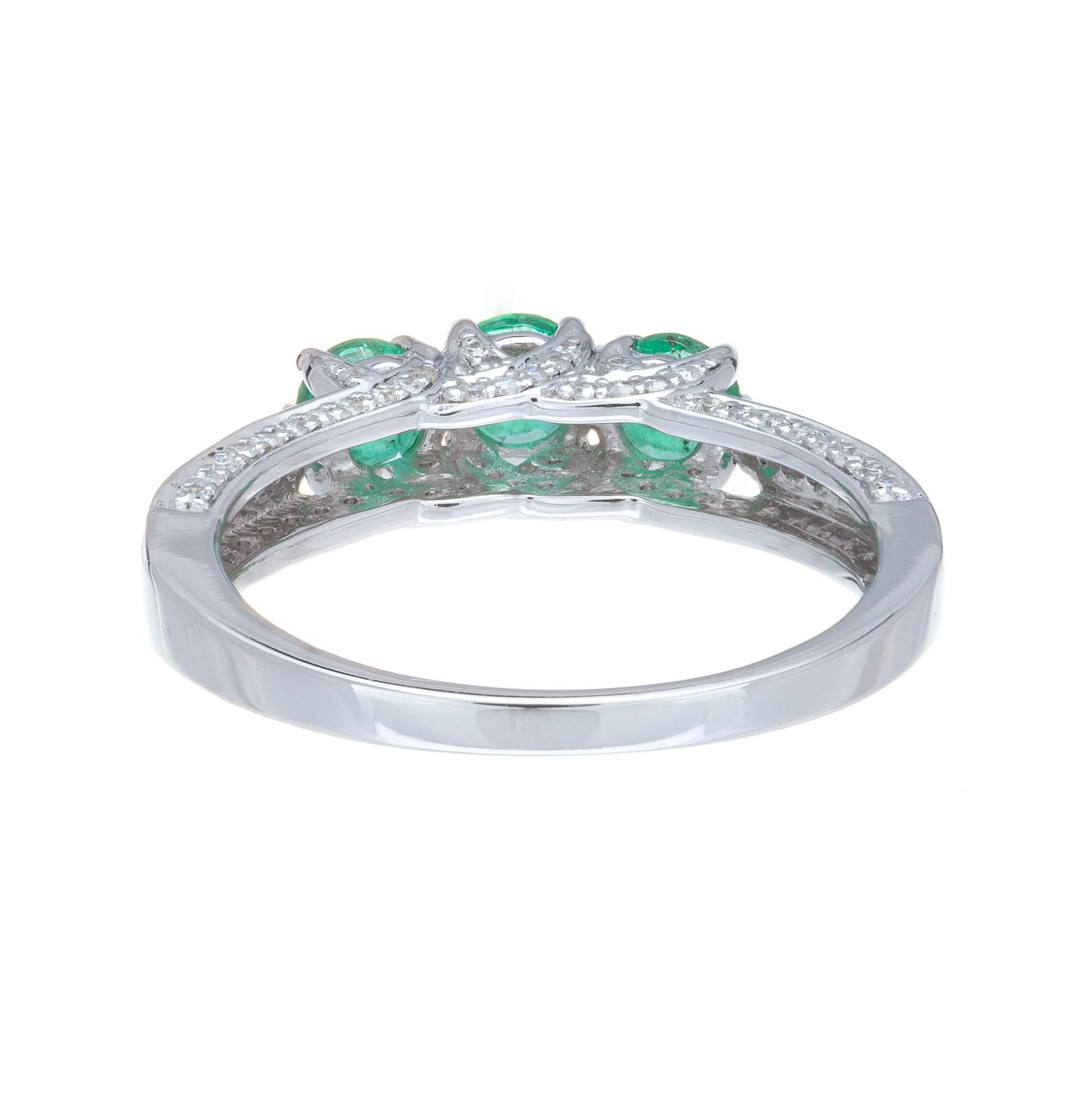 .65 Carat Emerald Diamond White Gold Three-Stone Ring In Excellent Condition For Sale In Stamford, CT