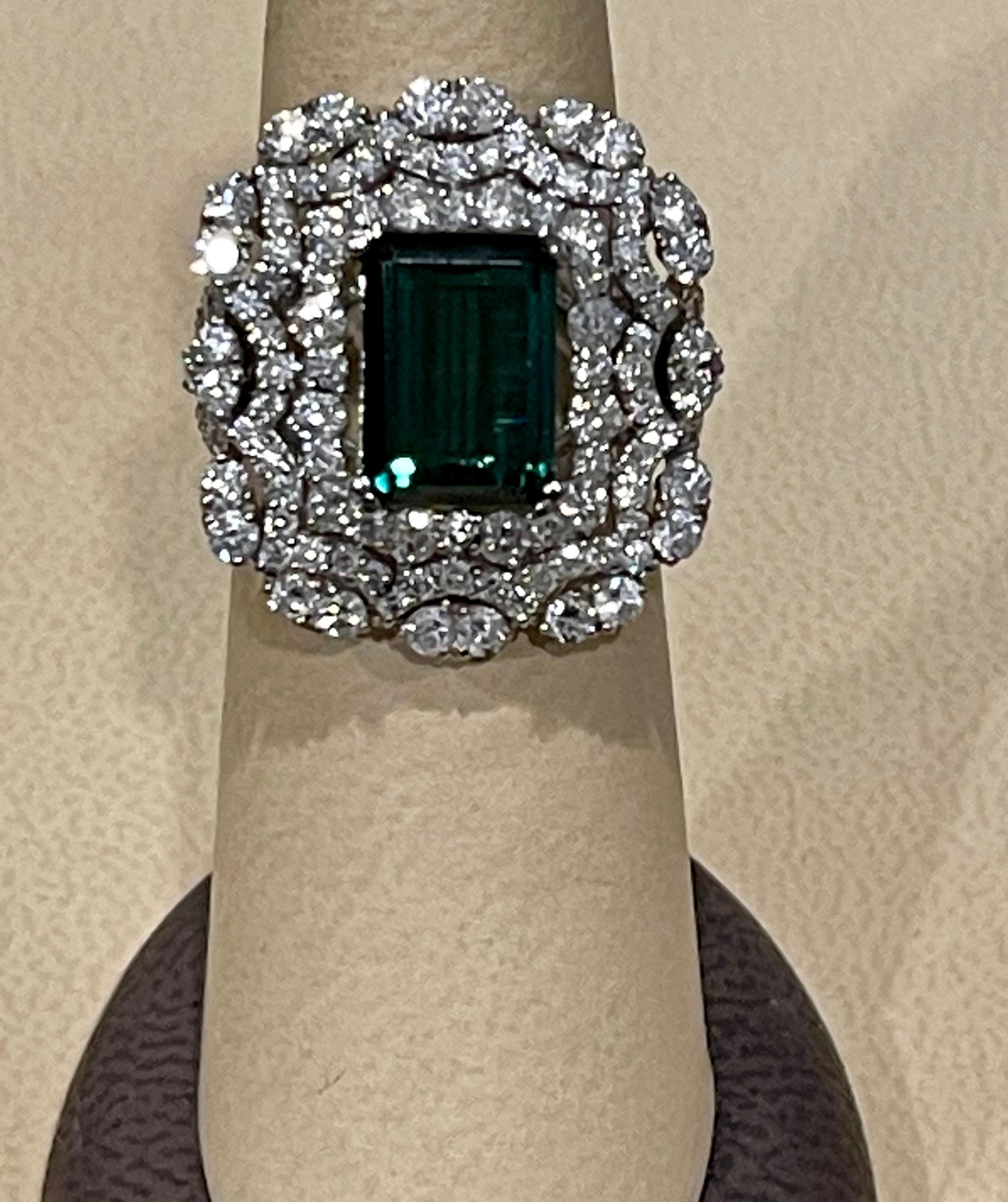 Emerald Cut 6.5 Carat Green Tourmaline & 4.2 Carat Diamond Cocktail Ring 18 Karat White Gold For Sale