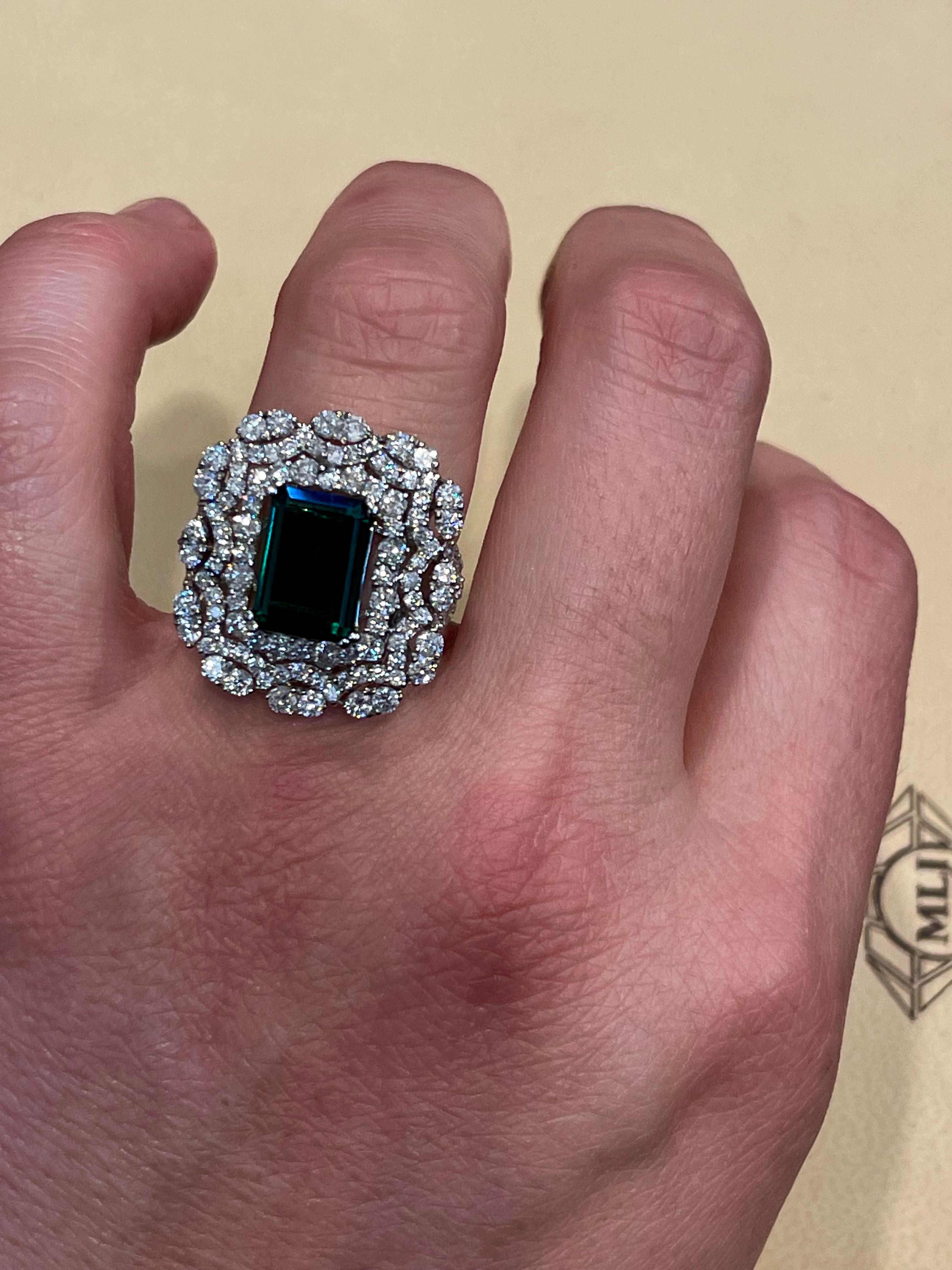 6.5 Carat Green Tourmaline & 4.2 Carat Diamond Cocktail Ring 18 Karat White Gold For Sale 1