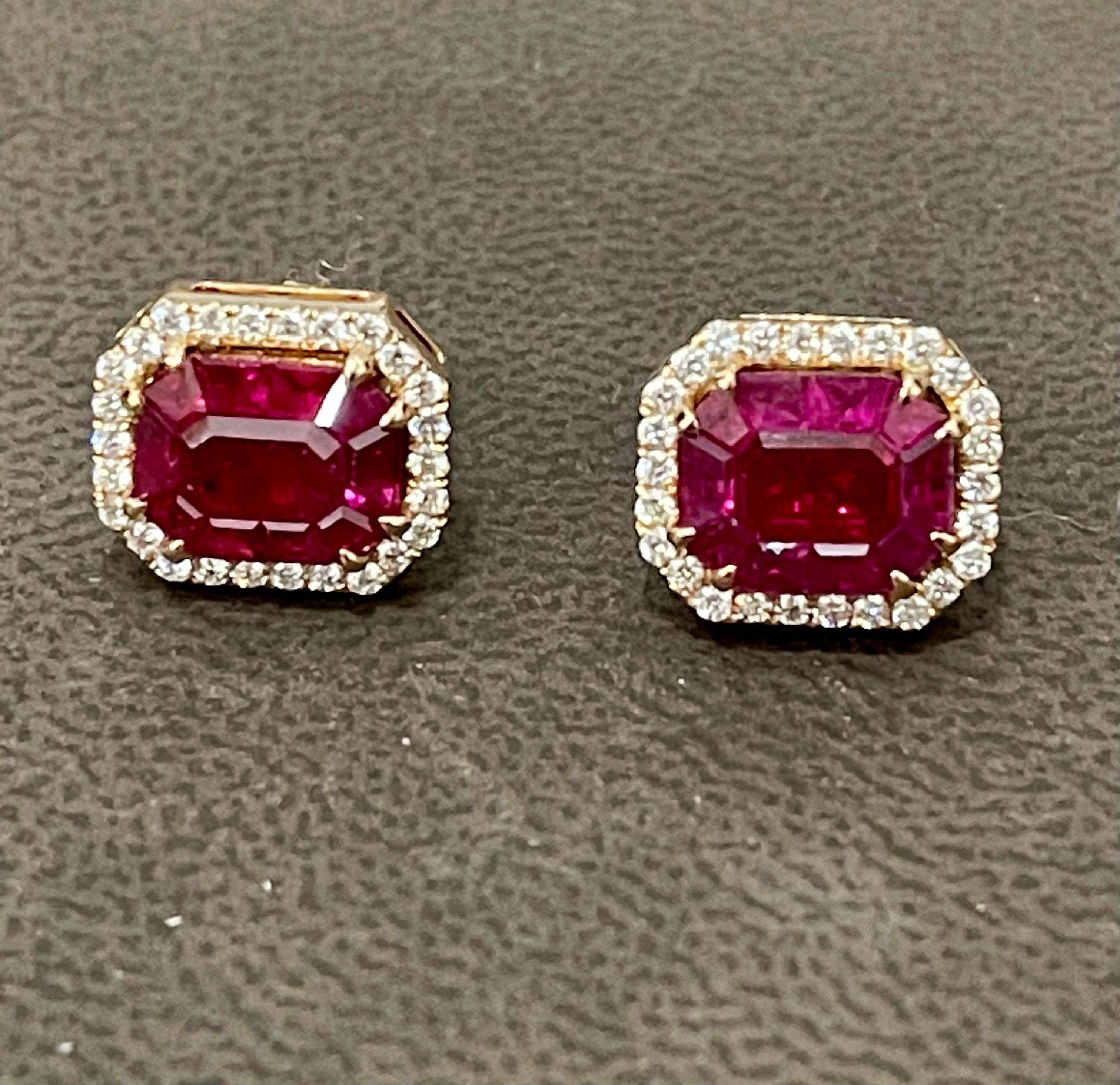 6.5 Carat Natural Burma Ruby and Diamond Earring in 18 Karat  Yellow Gold
This spectacular  earrings consisting of natural Burma ruby. One Emerald shape ruby 10X8 . It look like a whole one single piece but  in fact there is a center single stone