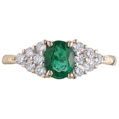 Vintage .65 Carat Oval Emerald Diamond Gold Cluster Engagement Ring