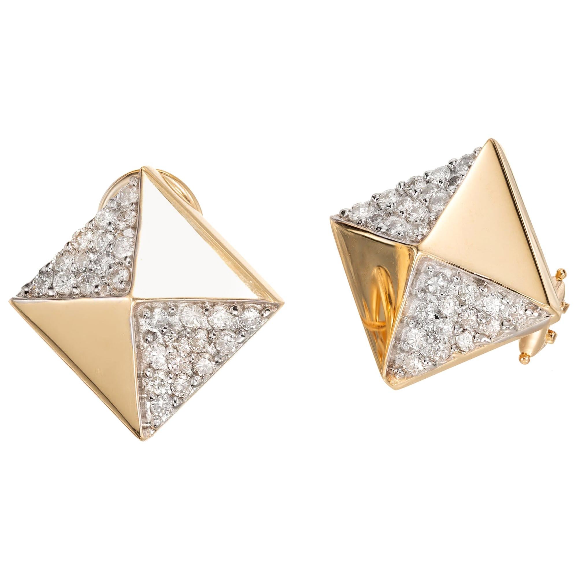 .65 Carat Pave Diamond Yellow Gold Pyramid Earrings For Sale