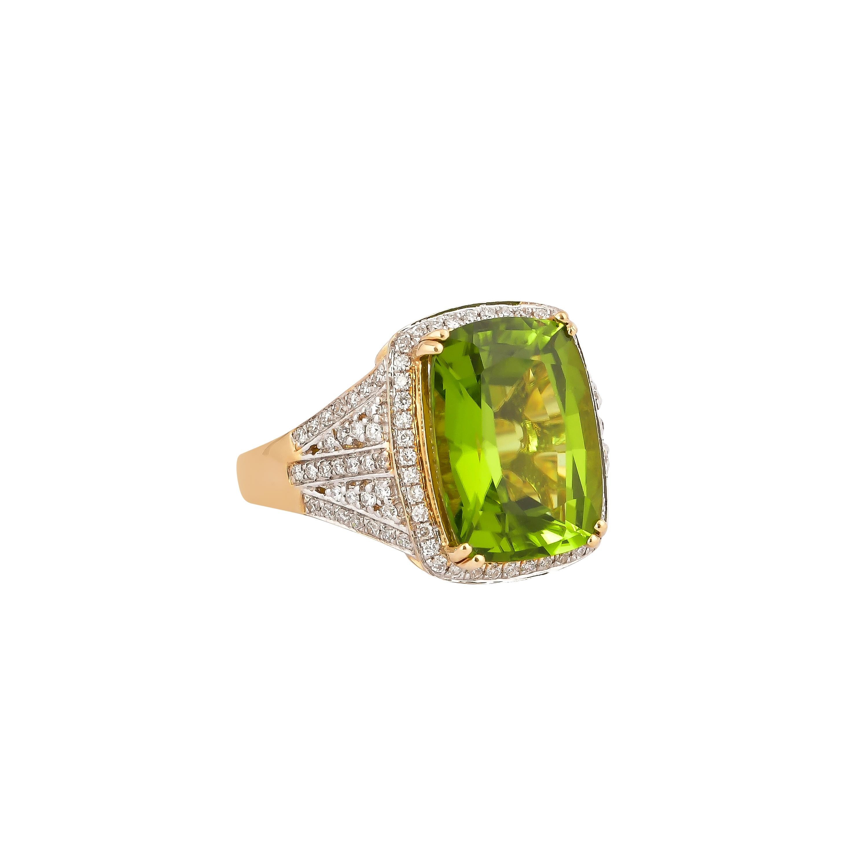 This collection features an array of pretty peridot rings! Accented with diamonds these rings are made in yellow gold and present a vibrant and fresh look. 

Classic peridot ring in 18K yellow gold with diamonds. 

Peridot: 6.520 carat cushion