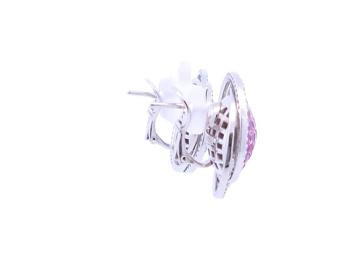 Round Cut 6.5ct Carat Pink Sapphire Saturn Earrings in 18K White Gold For Sale