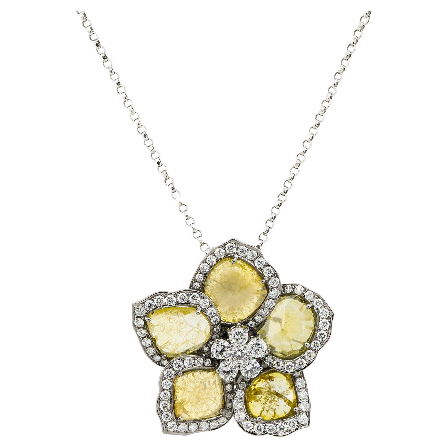 6.5 Carat Rough Cut Diamond Flower Pendant Necklace 18 Karat in Stock For Sale
