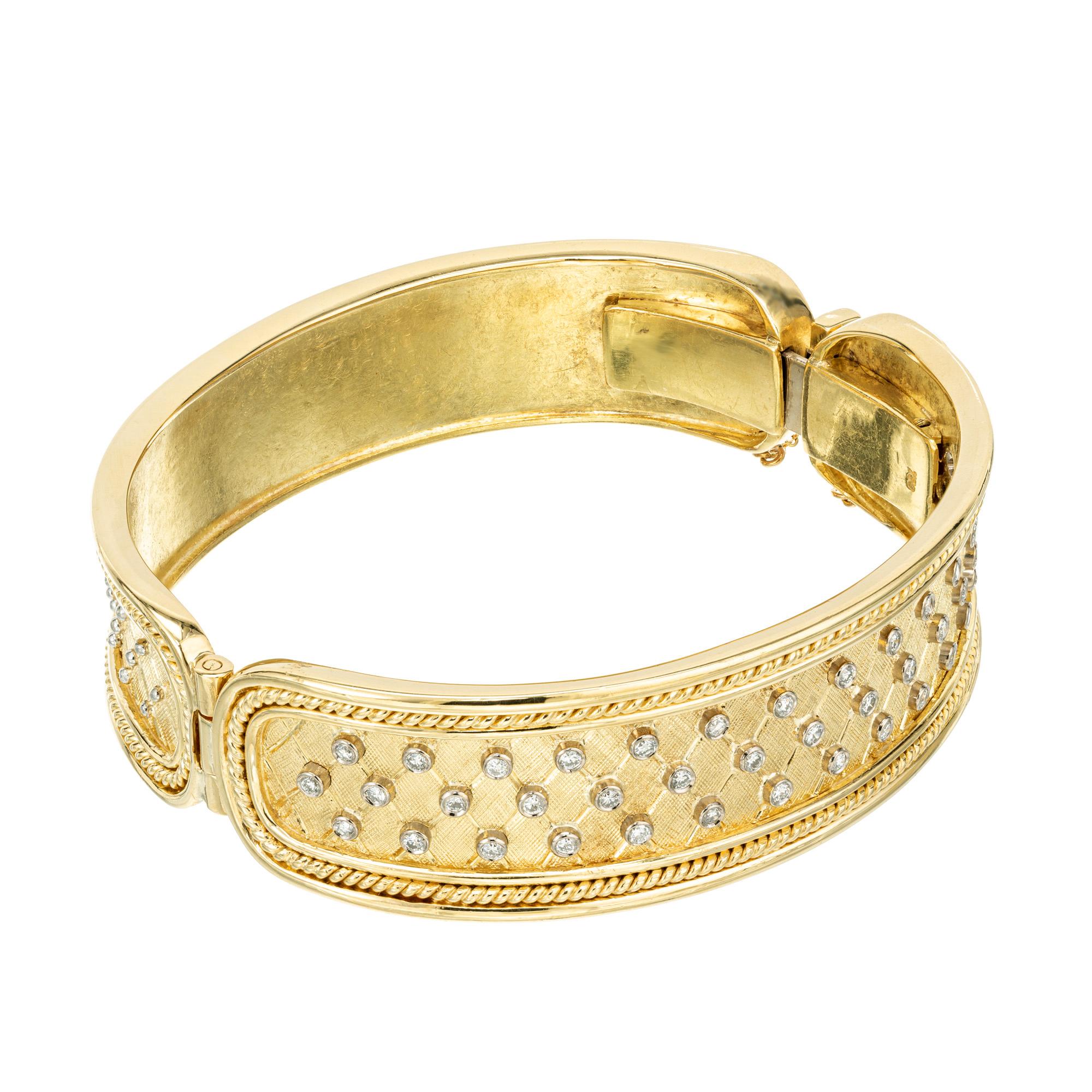 Round Cut .65 Carat Round Bezel Set Diamond Yellow Gold Handmade Bangle Bracelet For Sale