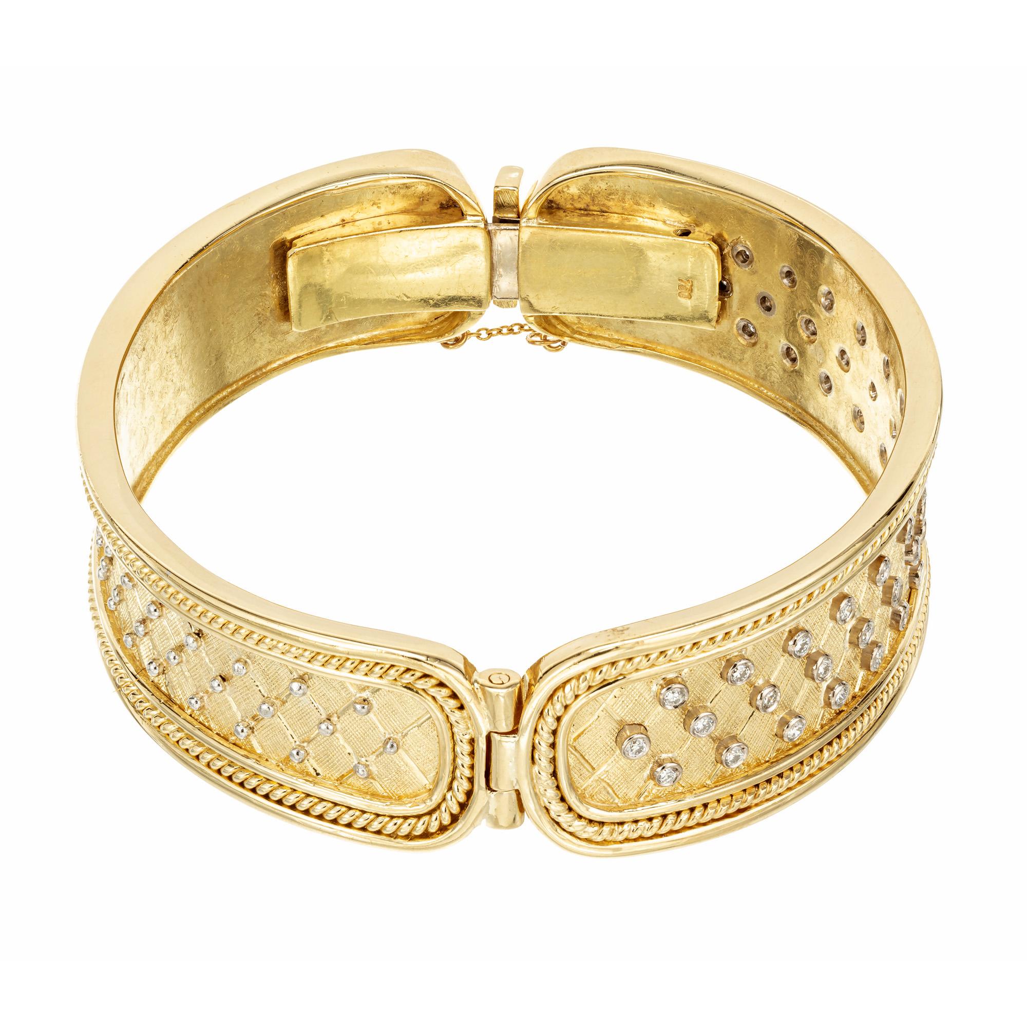 .65 Carat Round Bezel Set Diamond Yellow Gold Handmade Bangle Bracelet In Good Condition For Sale In Stamford, CT