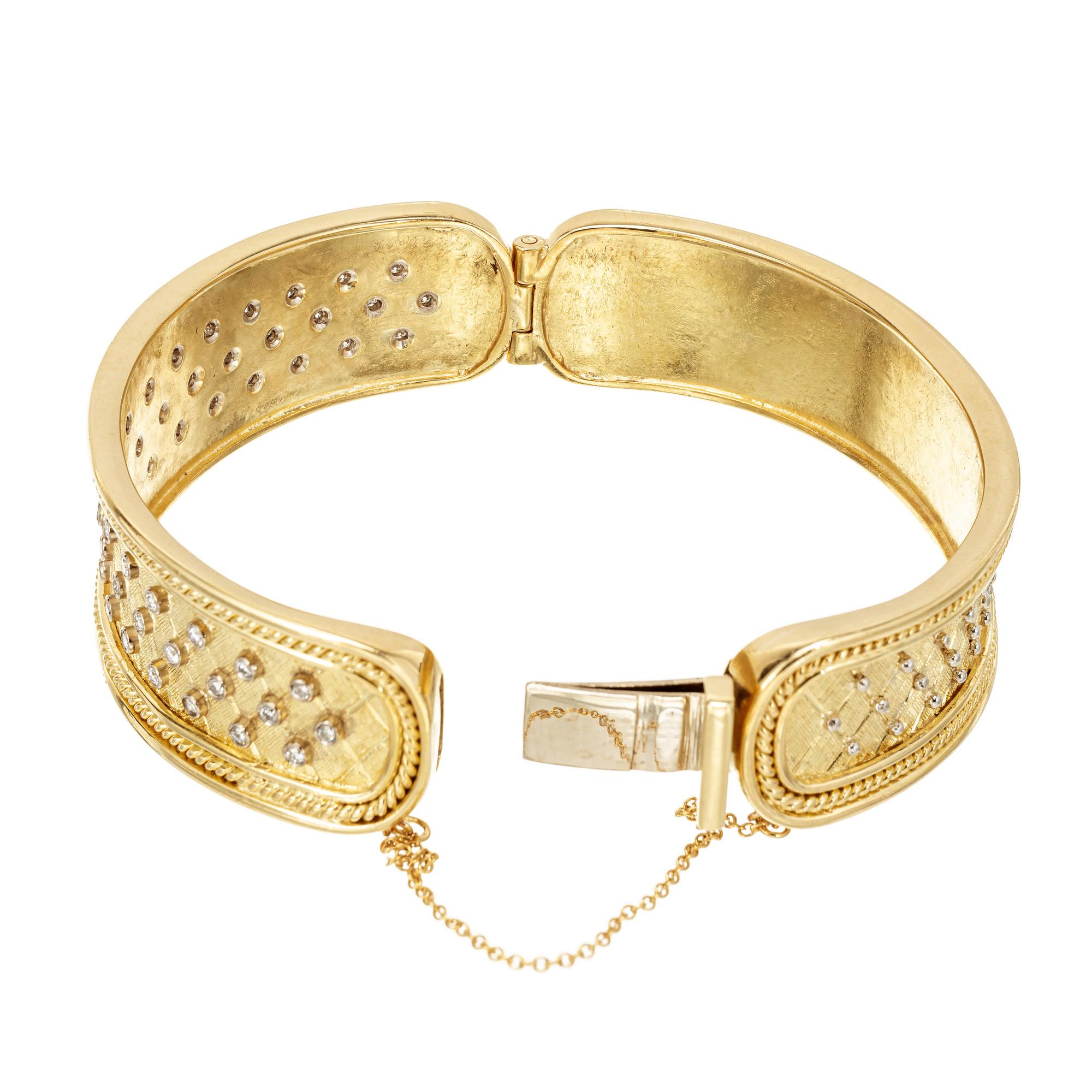 Women's .65 Carat Round Bezel Set Diamond Yellow Gold Handmade Bangle Bracelet For Sale