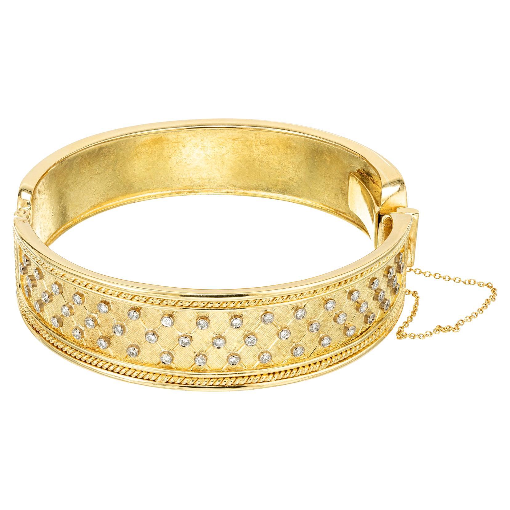 .65 Carat Round Bezel Set Diamond Yellow Gold Handmade Bangle Bracelet For Sale