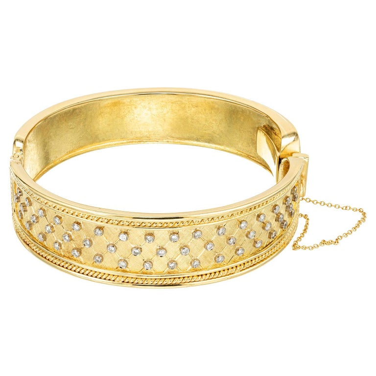 .65 Carat Round Bezel Set Diamond Yellow Gold Handmade Bangle Bracelet