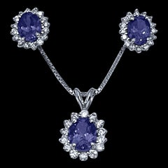 6.5 Carat Tanzanite & 2 Ct Diamond Pendant & Earring Set 14 Kt Gold with Chain