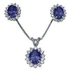 6.5 Carat Tanzanite & 2 Ct Diamond Pendant & Earring Set 14 Kt Gold with Chain