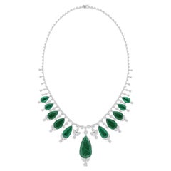 65 Carat Zambian Emerald 27.11 Carat SI/H Diamond Necklace 18 Karat White Gold