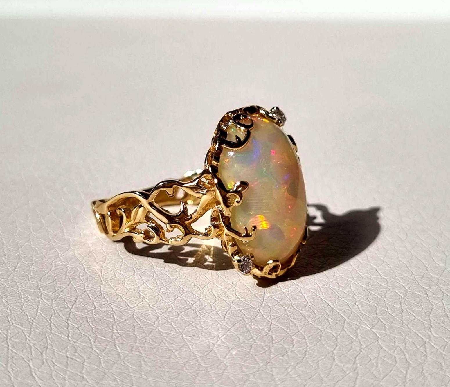High Victorian 6.5 ct Ethiopian Opal and Diamonds Cocktail Floral Ring