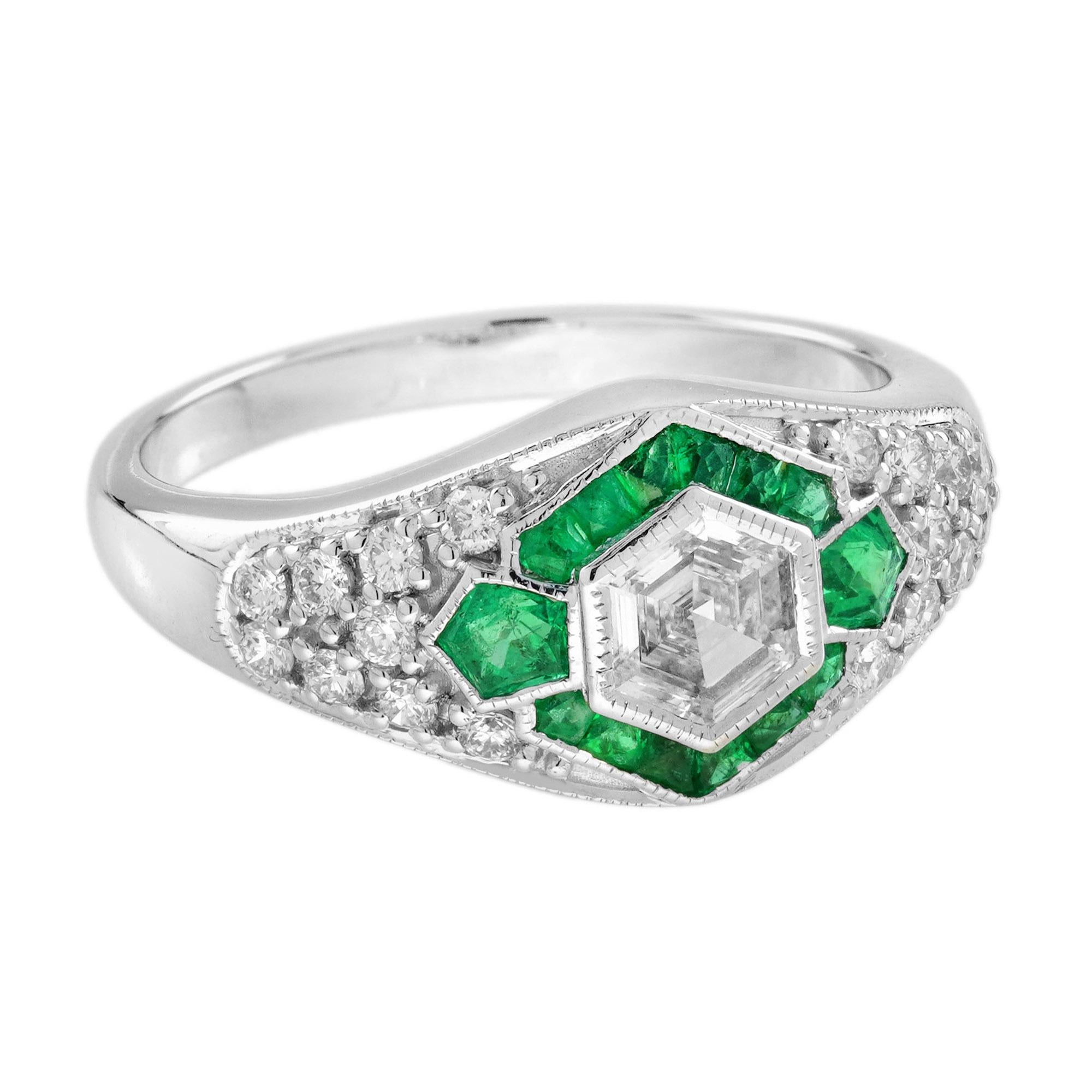 Hexagon Cut .65 Ct. Hexagonal Diamond Emerald Art Deco Style Engagement Ring in 18K Gold