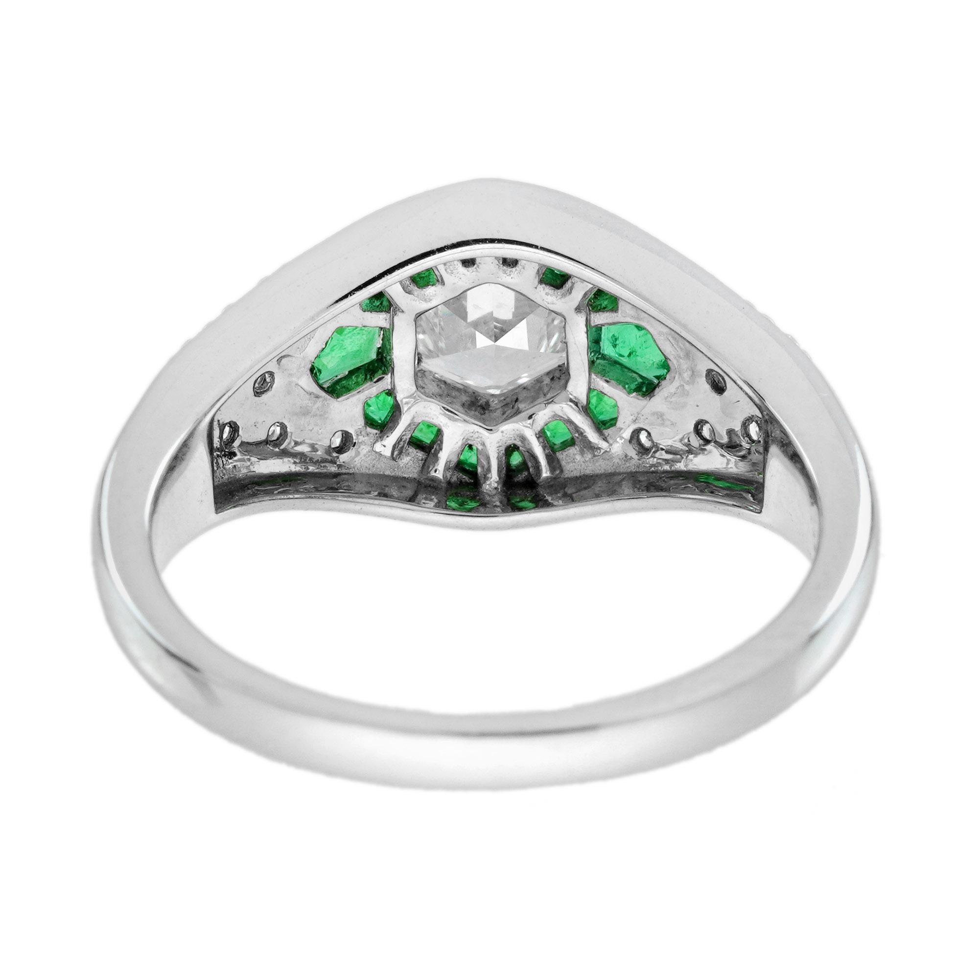 Women's .65 Ct. Hexagonal Diamond Emerald Art Deco Style Engagement Ring in 18K Gold