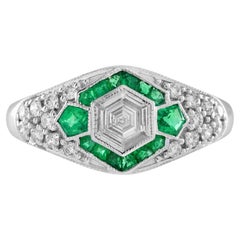 .65 Ct. Hexagonal Diamond Emerald Art Deco Style Engagement Ring in 18K Gold