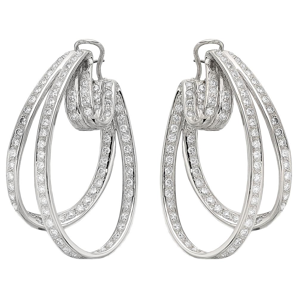 Oval Shape Multistrand Diamond Hoop Earrings with Hinge Clips, 18K White Gold