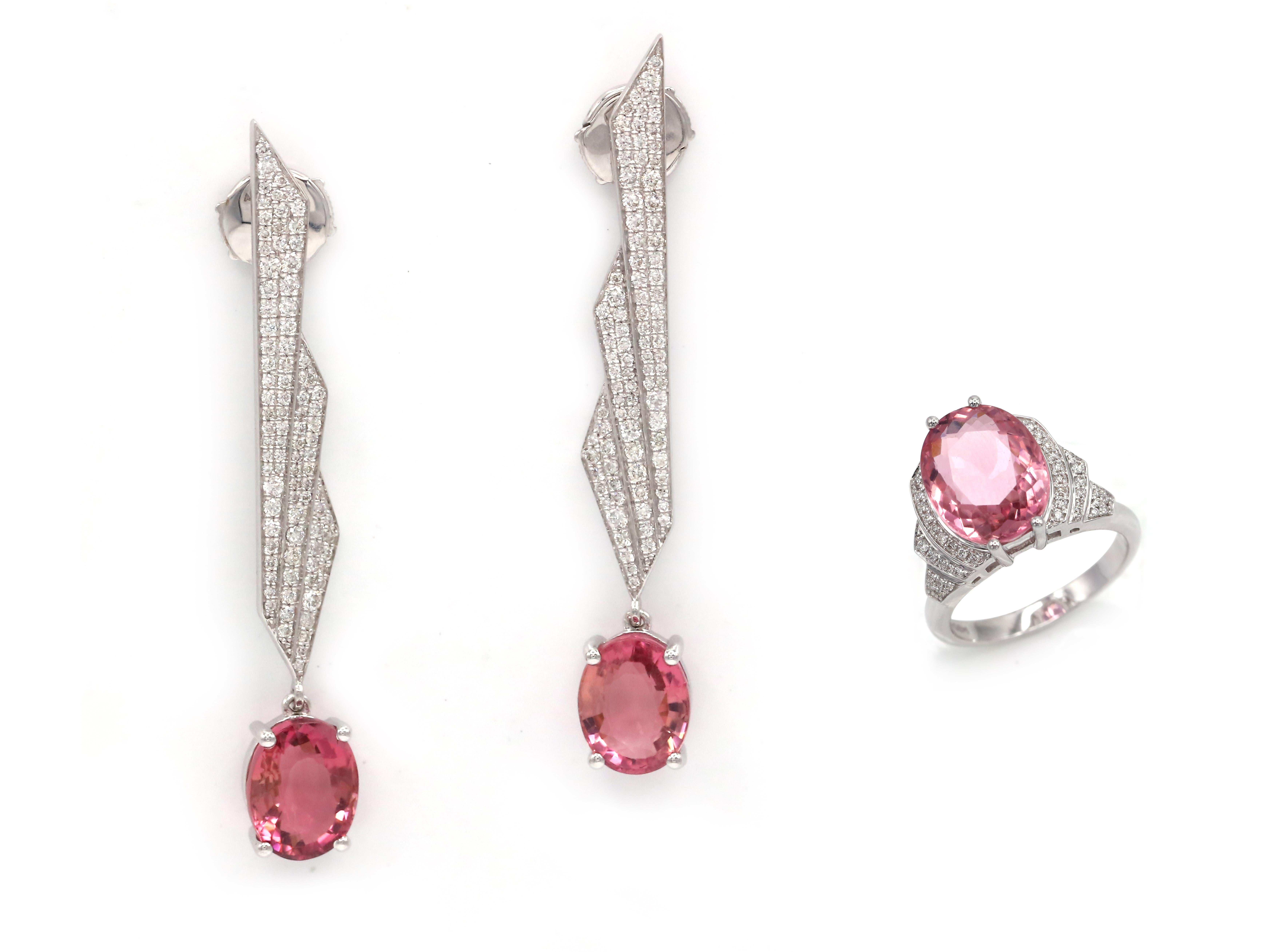 Oval Cut 6.5 Carat Pink Tourmaline Diamond 18 K White Gold Cocktail Earrings For Sale