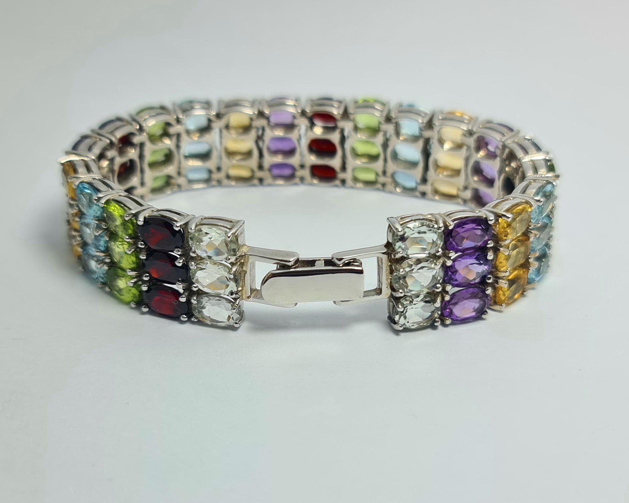 65 Cts Natural Garnet ,Topaz.Peridot,Amethyst and Prasiolite set in Pure .925 Sterling Silver Rhodium Plated 7”  3 Row Bracelet 