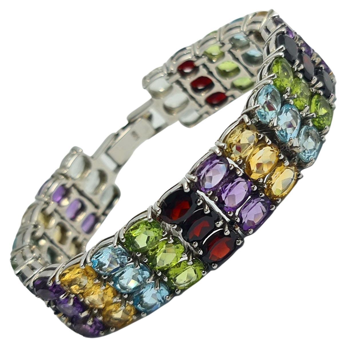 Multi-Color Garnet Peridot Citrine Silver Plated Charm Bracelet - Lab-Created Gems