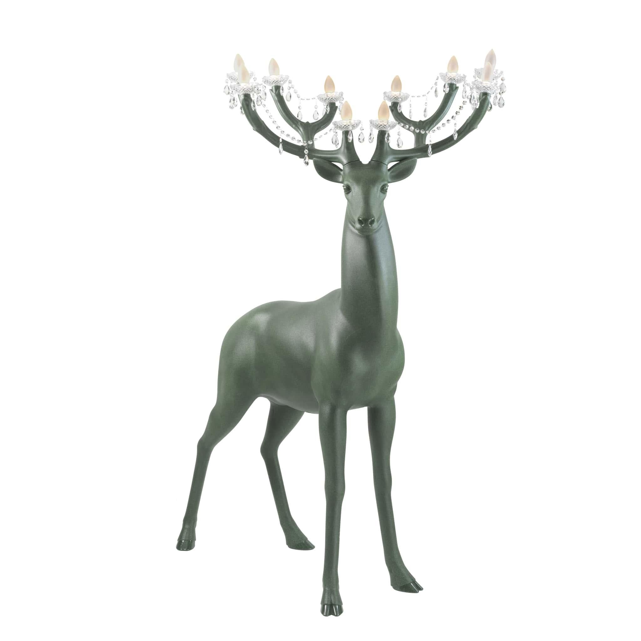 6.5ft Tall Deep Forest Green Sherwood Deer chandelier by Marcantonio

Sherwood is an impressive 2-meter-high deer whose antlers become chandeliers decorated with crystals and pendants.
The strong natural energy of the animal is immortalized by