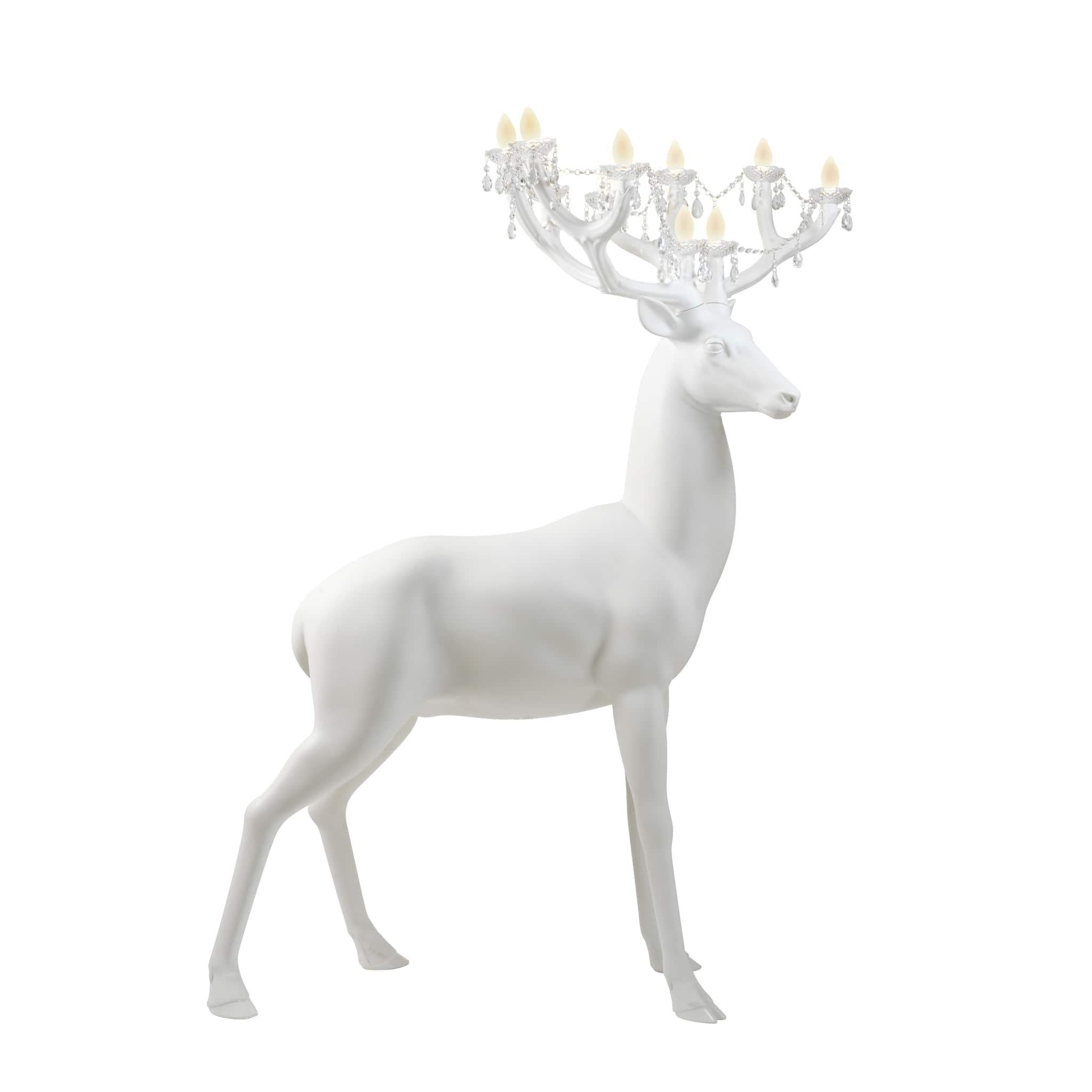 6.5ft tall white sherwood deer chandelier by Marcantonio

Sherwood is an impressive 2-meter-high deer whose antlers become chandeliers decorated with crystals and pendants.
The strong natural energy of the animal is immortalized by Marcantonio