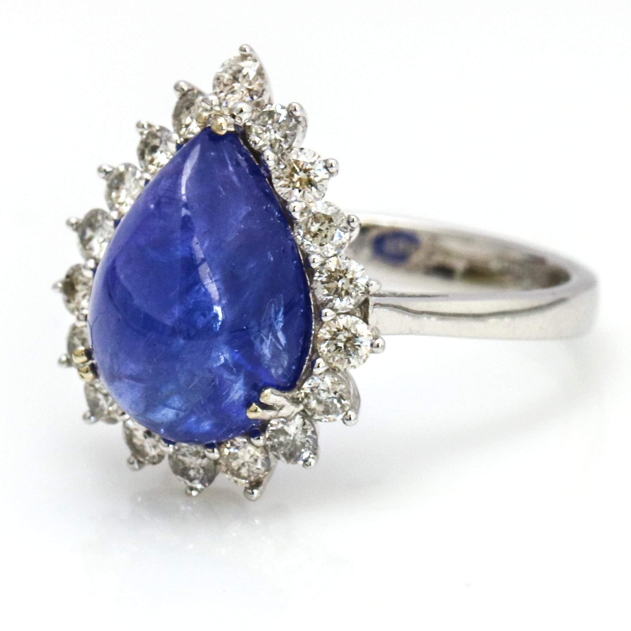 6.50 Carat 14 Karat White Gold Pear Cabochon Tanzanite Diamond Ring For Sale 3