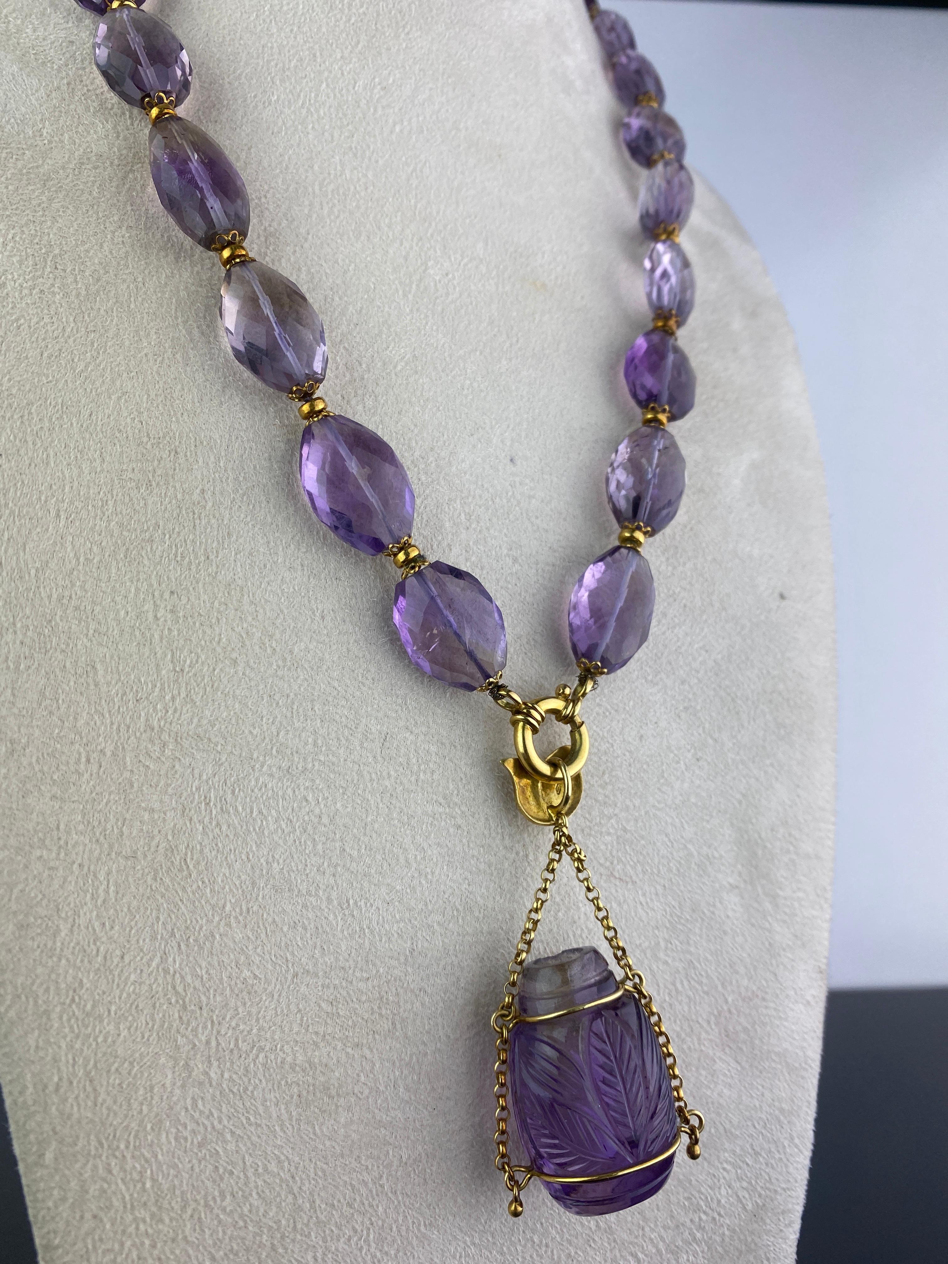 Art Deco 650 Carat Amethyst and Gold Beaded Necklace For Sale