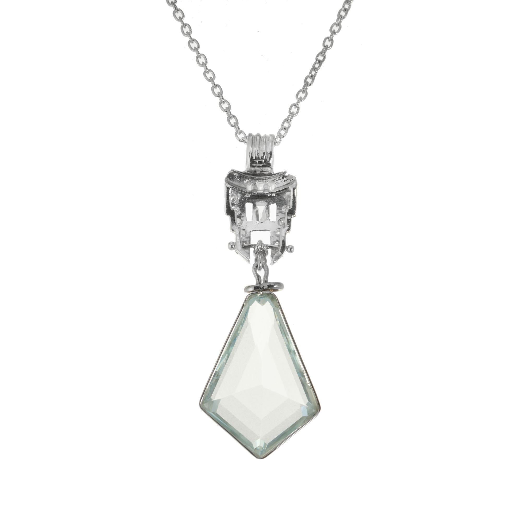 Modern 6.50 Carat Aquamarine Diamond Platinum Kite Shaped Pendant Necklace For Sale