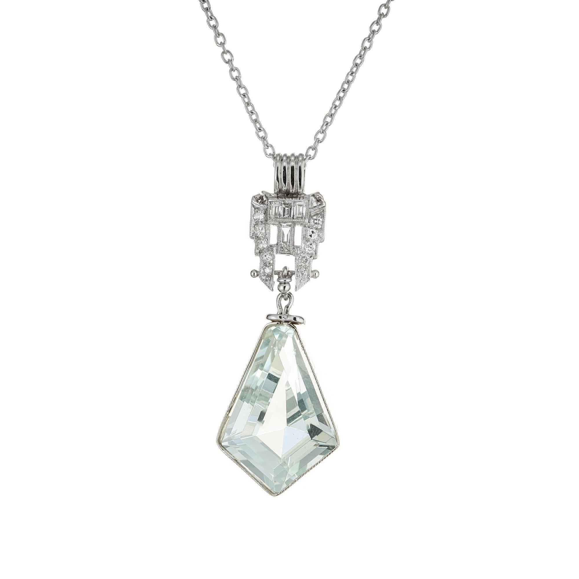 6.50 Carat Aquamarine Diamond Platinum Kite Shaped Pendant Necklace For Sale