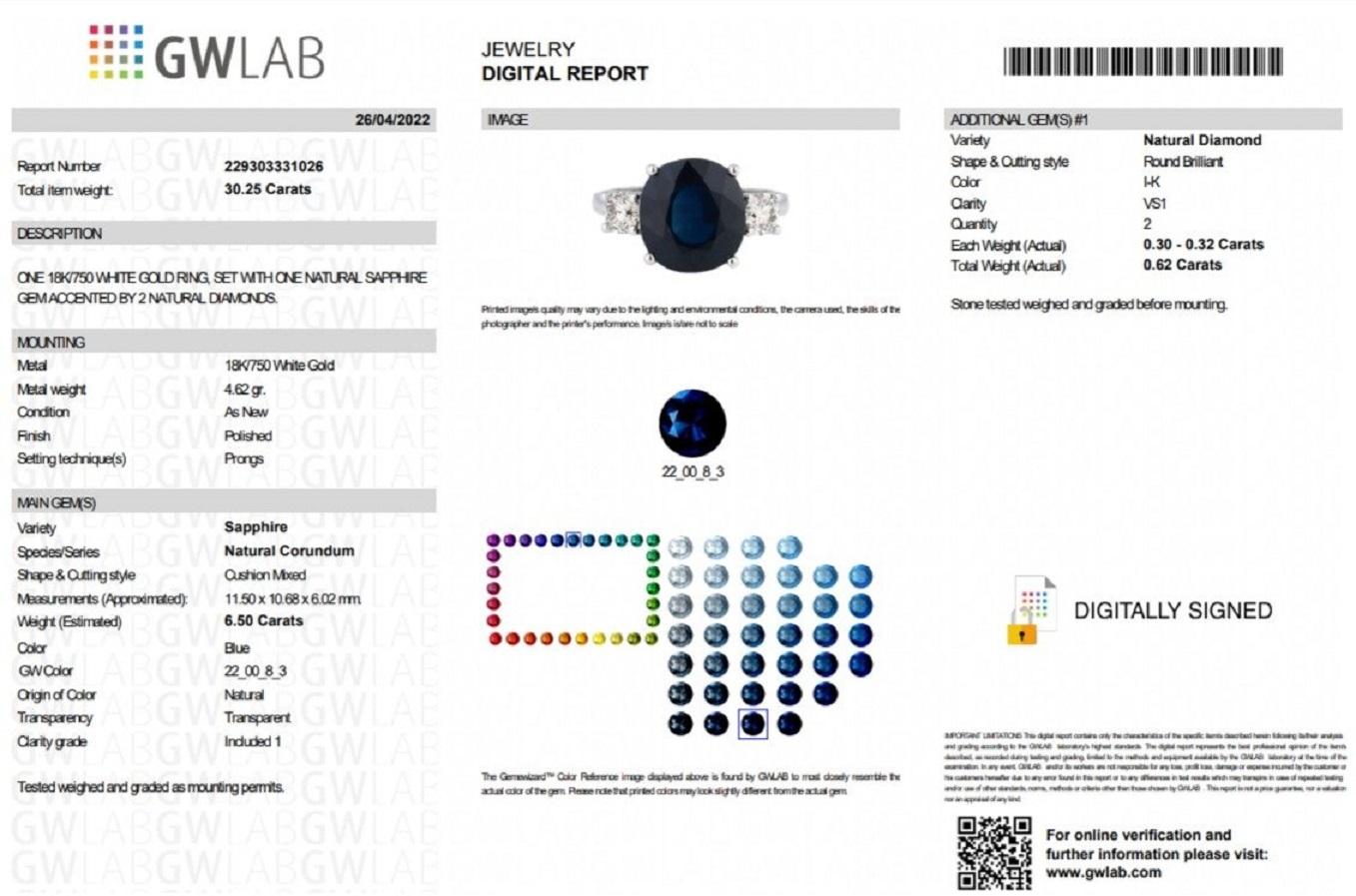 6,50 Karat blauer Saphir und 0,62 Karat Diamanten, 18 Kt. Weißgold-Ring 1