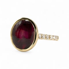 6.50 Carat Buff Top Red Garnet in Diamond Accented Bezel Ring