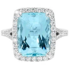 6.50 Carat Cushion Cut Aquamarine 18 Carat White Gold Diamond Halo Ring