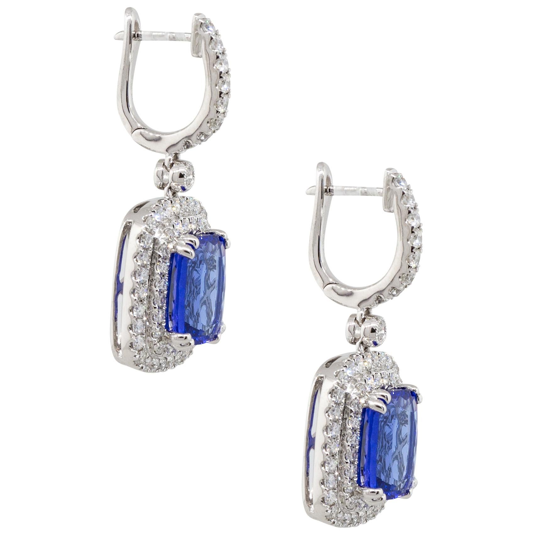 6.50 Carat Cushion Cut Tanzanite Earrings with Diamond Halo 18 Karat in Stock