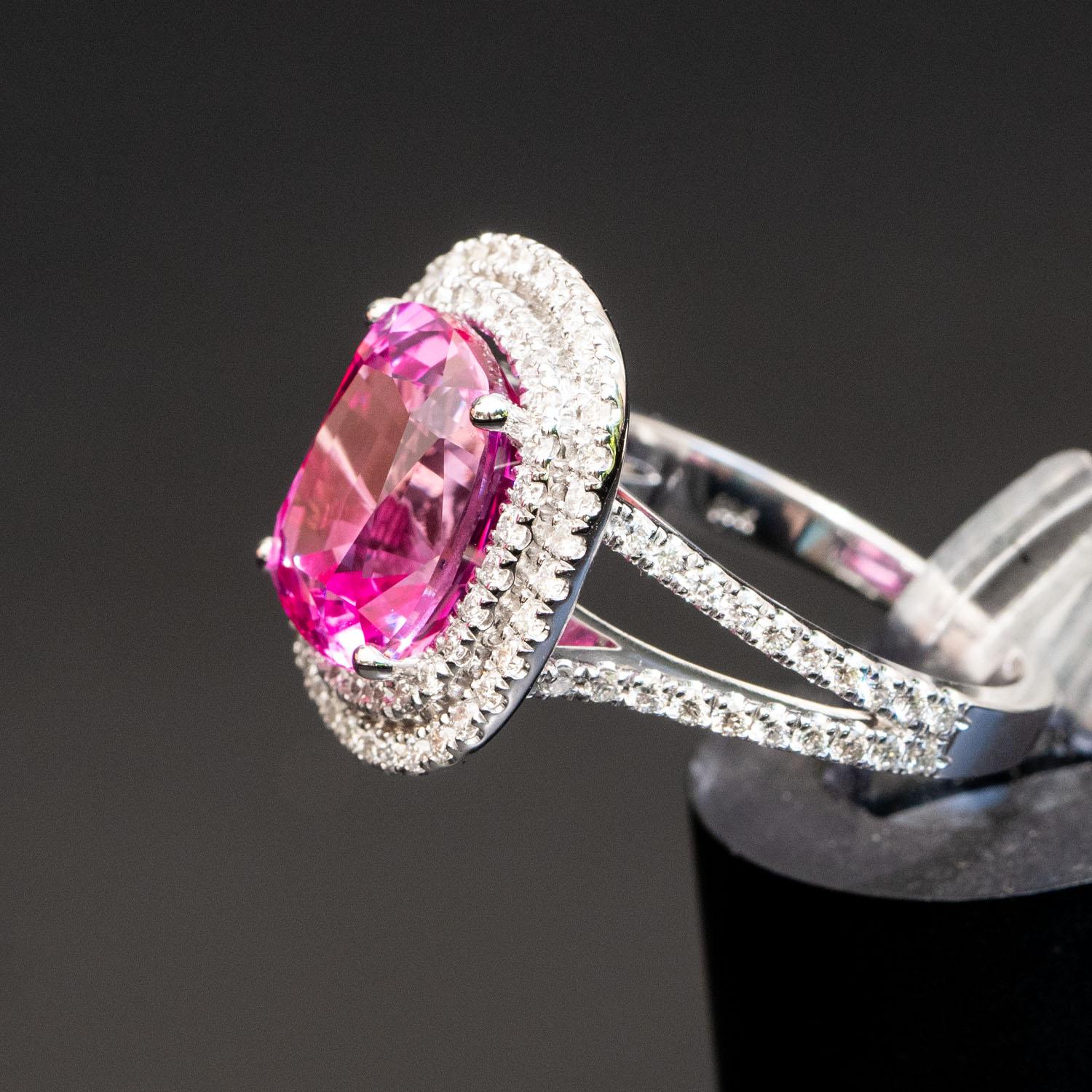 Art Deco 6.50 carat cushion pink sapphire 1.08 carat natural diamonds statement ring For Sale