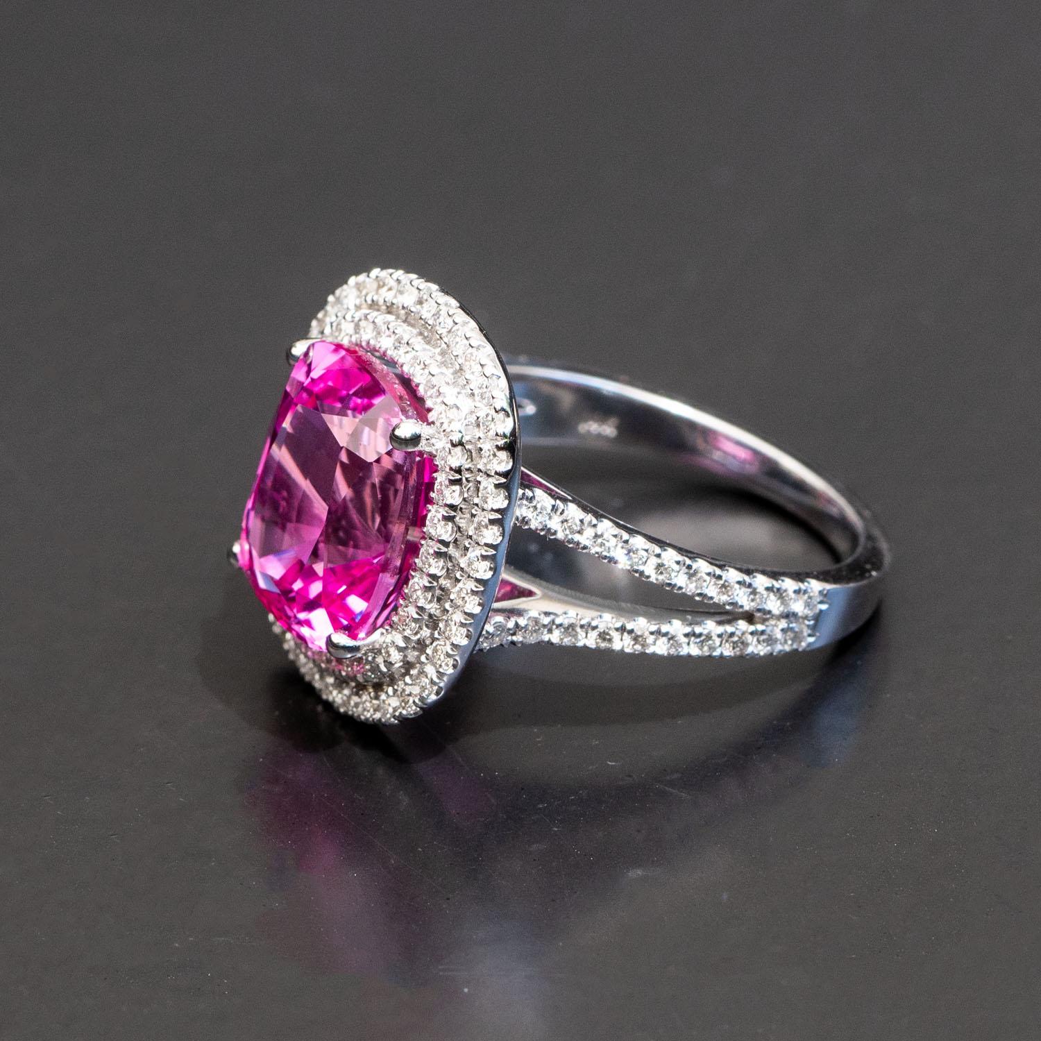 Women's 6.50 carat cushion pink sapphire 1.08 carat natural diamonds statement ring For Sale