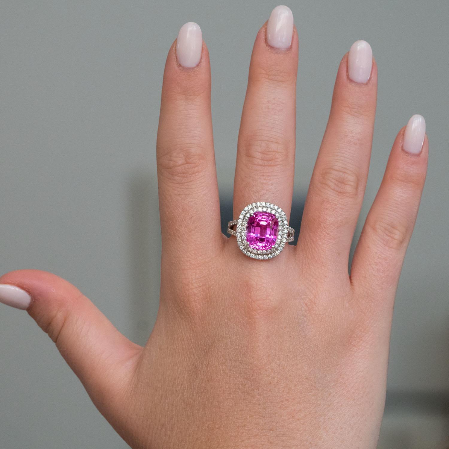 6.50 carat cushion pink sapphire 1.08 carat natural diamonds statement ring For Sale 2