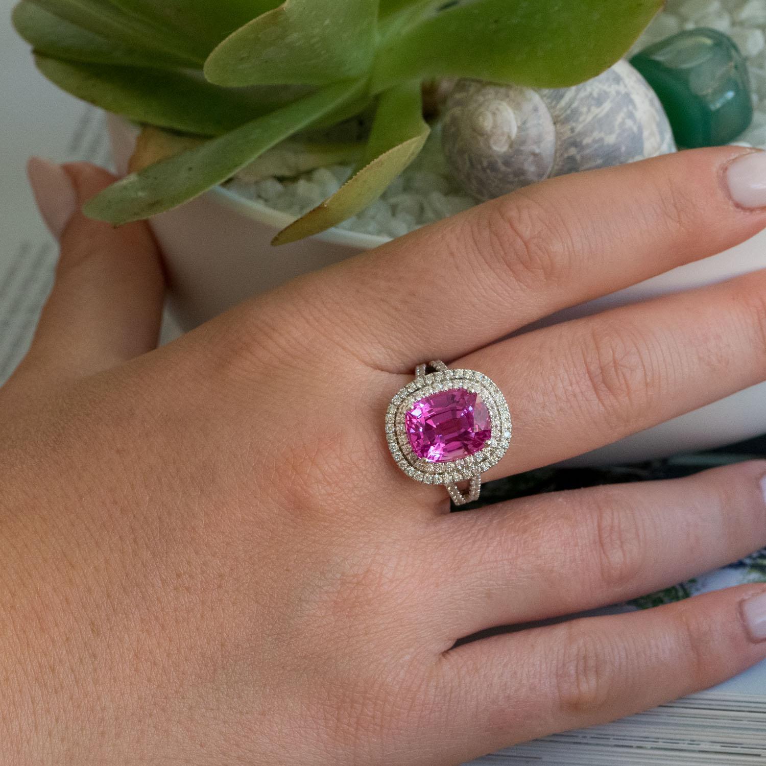 6.50 carat cushion pink sapphire 1.08 carat natural diamonds statement ring For Sale 3