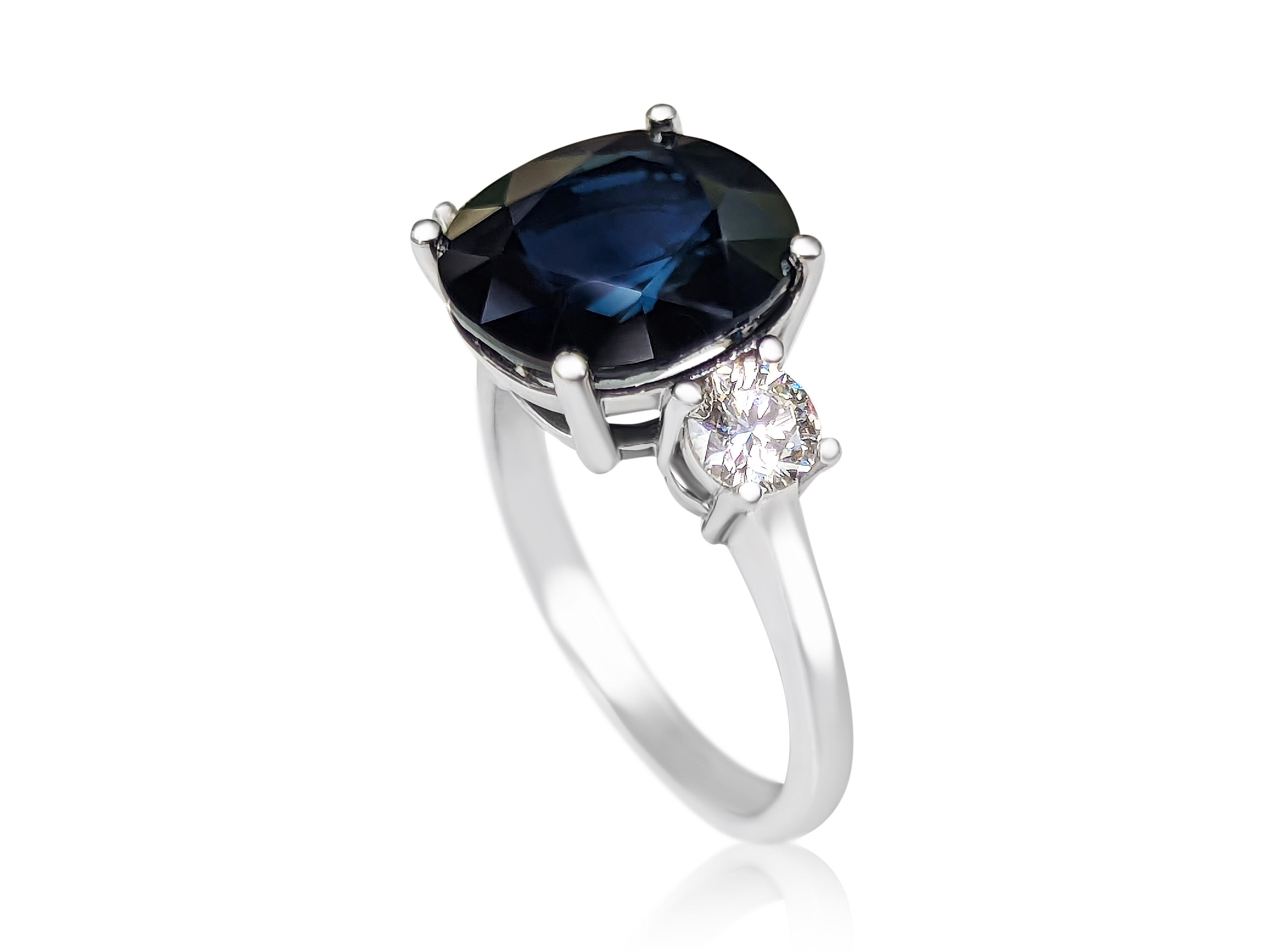 Women's 6.50 Carat Dark Blue Sapphire and 0.62 Ct Diamonds, 18 Kt. White Gold, Ring