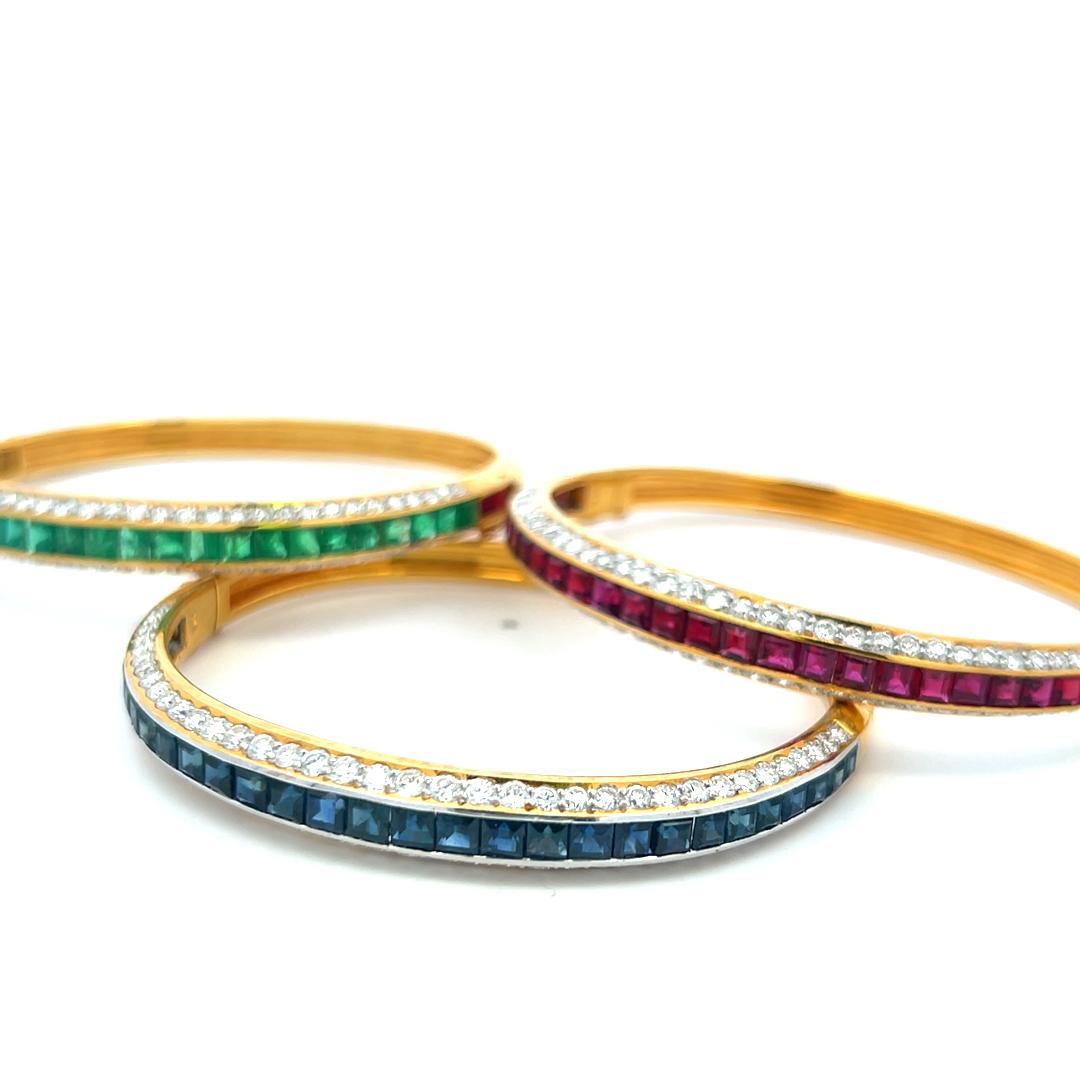 6.50 Carat Diamond 10.50 Carat Emerald Ruby Sapphire 18K YG Bangle Bracelet For Sale 2