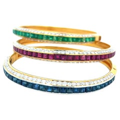 6.50 Carat Diamond 10.50 Carat Emerald Ruby Sapphire 18K YG Bangle Bracelet