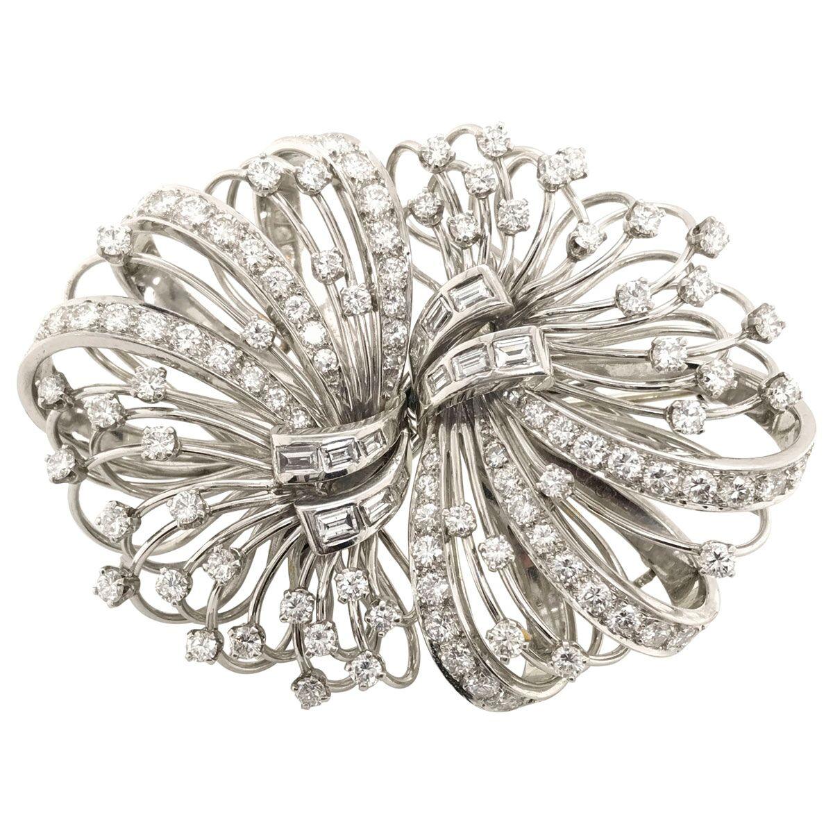 6.50 Carat Diamond Platinum and 14 Karat Double Clip Brooch 1