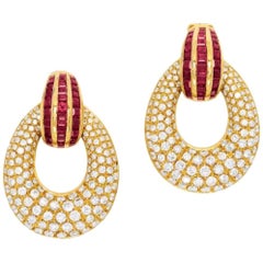 Antique 6.50 Carat Diamond, Ruby and Gold 'Day/Night' Ear Pendants