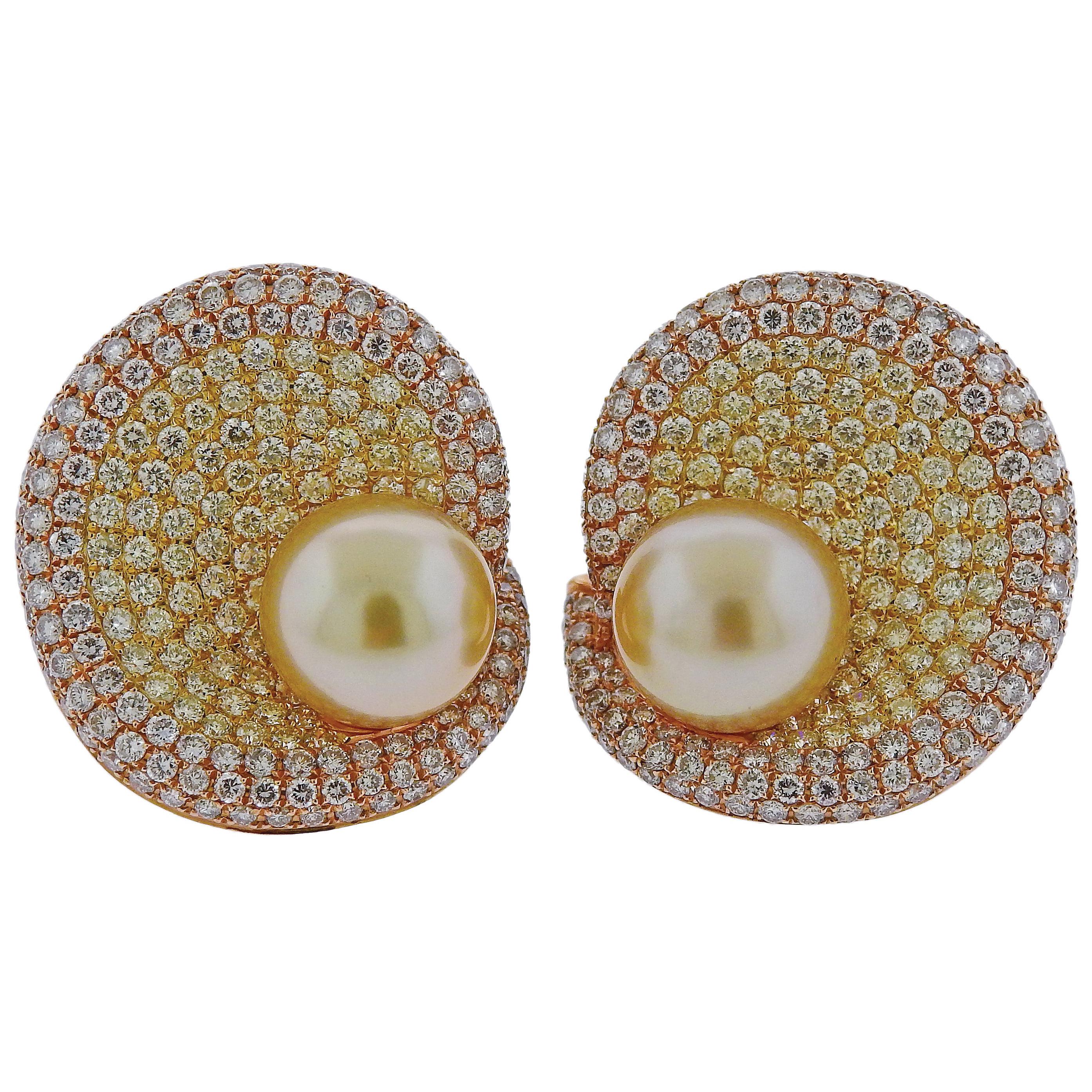 6.50 Carat Diamond South Pearl Gold Cocktail Earrings