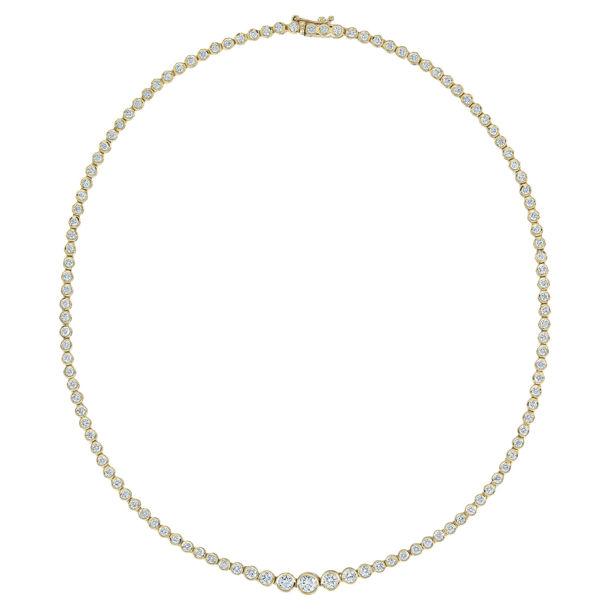 6.50 Carat Diamond Tennis Necklace in 18 Karat Yellow Gold Bezel Setting For Sale