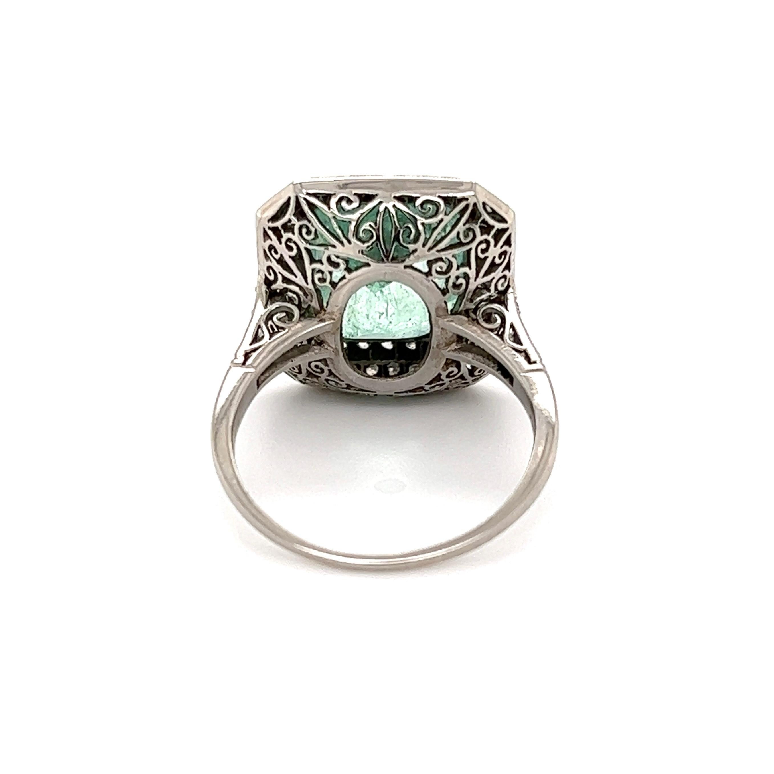 Women's 6.50 Carat Emerald and Diamond Art Deco Platinum Ring Estate Fine Jewelry For Sale