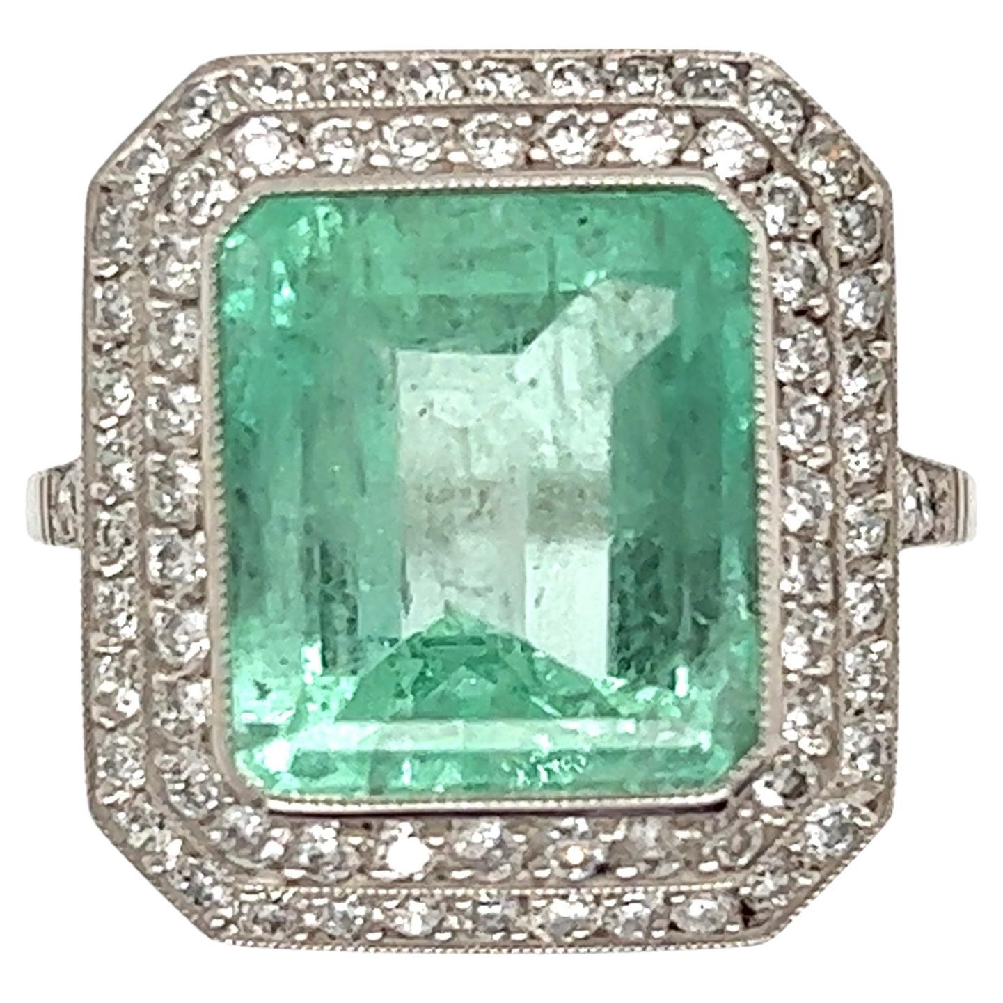 6.50 Carat Emerald and Diamond Art Deco Platinum Ring Estate Fine Jewelry For Sale